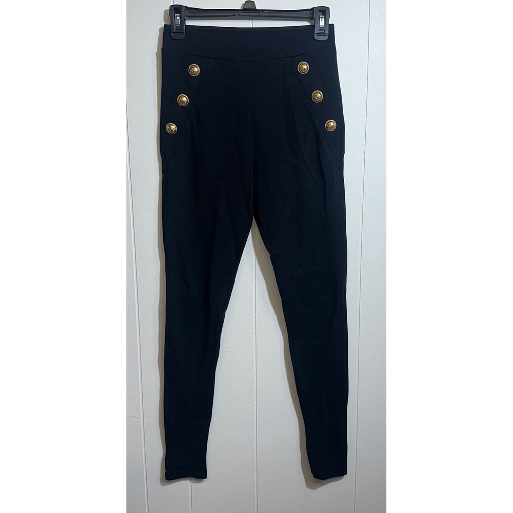 Balmain Paris Black Gold Lion Button High Waisted Leggings Pants Size S